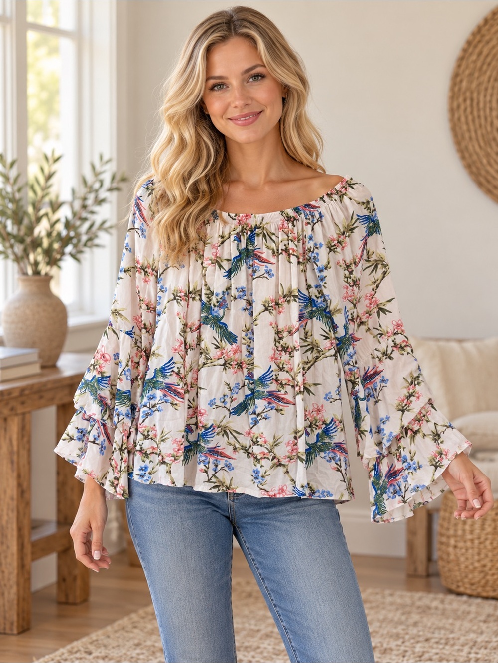 Solitaire Boho Chic Cream Floral Off-Shoulder Blouse with Blue & Pink Birds